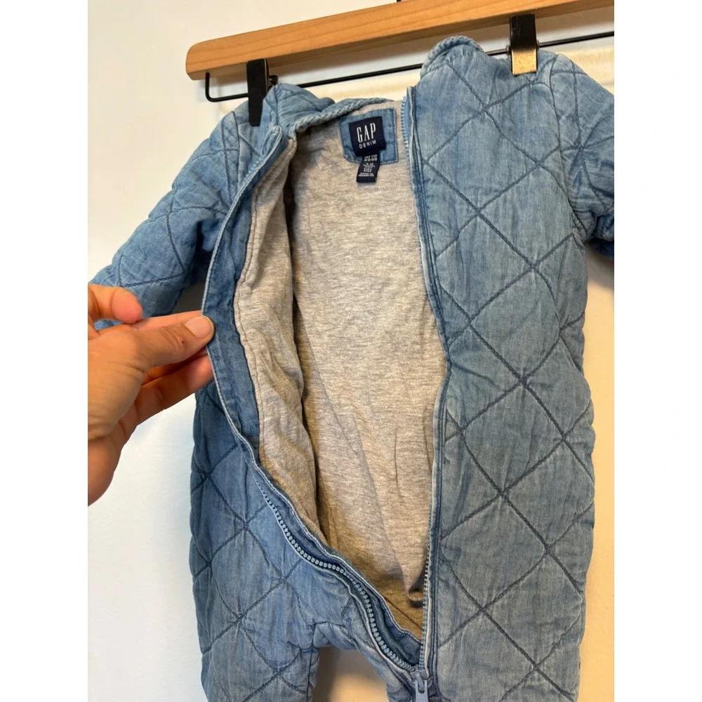 GAP Denim Quilted Snowsuit Bunting Suit Bear Ears Hood‎ 6-12 Months